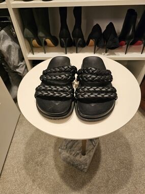 Limelight Black Braided Triple-Strap Slide Sandals